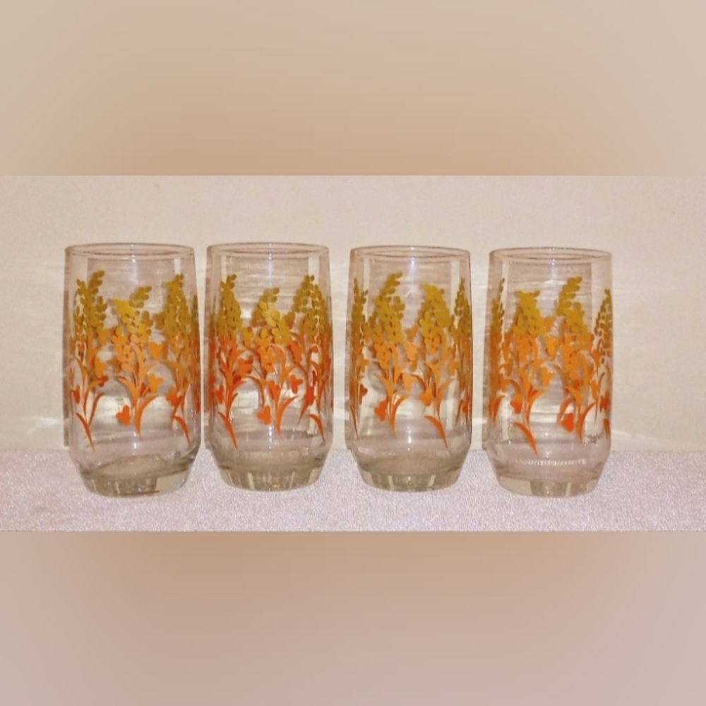 Vtg Anchor Hocking 1970s Orange and Harvest Gold Colored Glass Tumblers Set Of 4